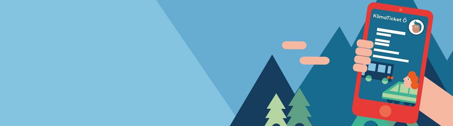 Headerbild KlimaTicket, grafische Darstellung Hand hält Tablet auf dem KlimaTicket geschrieben ist.