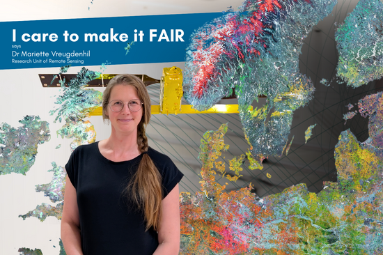 The picture shows a photo of a woman, with the words "I care to make it FAIR" and a world map in bright colours in the background.