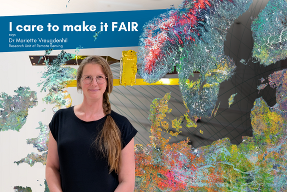 The picture shows a photo of a woman, with the words "I care to make it FAIR" and a world map in bright colours in the background.