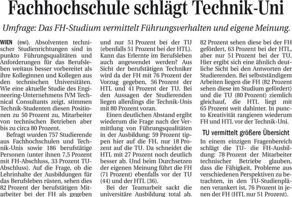 Presse-Artikel: "Das FH-Studium vermittelt Führungsverhalten und eigene Meinung" Presse-Artikel: "Das FH-Studium vermittelt Führungsverhalten und eigene Meinung"