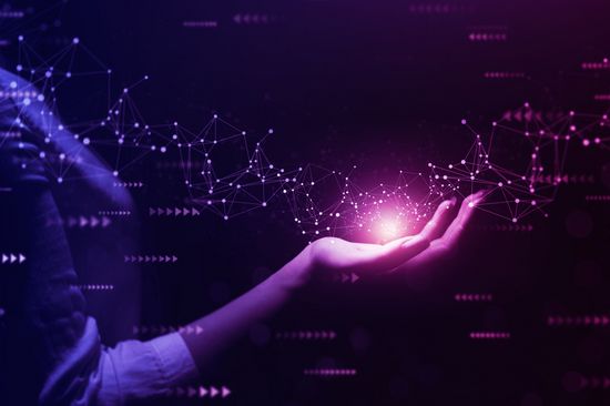  Metaverse Technology concepts. Woman hand holding global network connection. Internet communication, Wireless connection technology. Futuristic technology with polygonal shapes. 