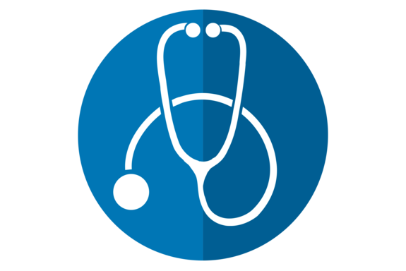 Stylized white stethoscope in TU blue circle.