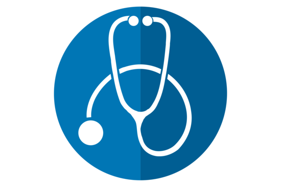 Stylized white stethoscope in TU blue circle.