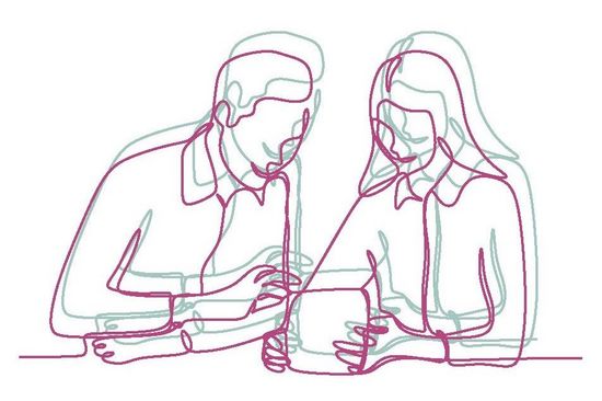 Illustration zweier Personen beim Lesen eines Dokuments
