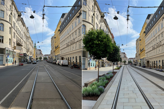 Wiedner Hauptstraße zweigeteilt: vorher mit Straße, Autos und Geleisen, nachher statt der Straße breiter Gehsteig mit einem baumbewachsenen Streifen und Pflasterung statt der Straße.