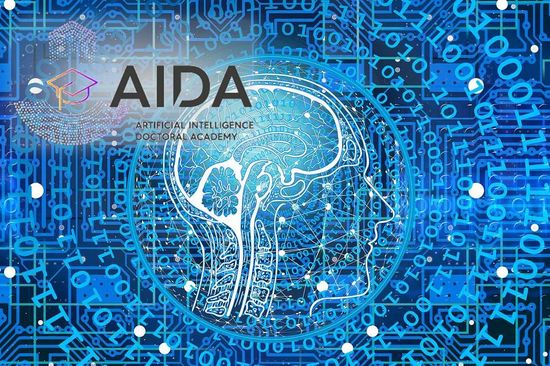 menschlicher Kopf umrahmt von Zahlen, darin der Schriftzug AIDA