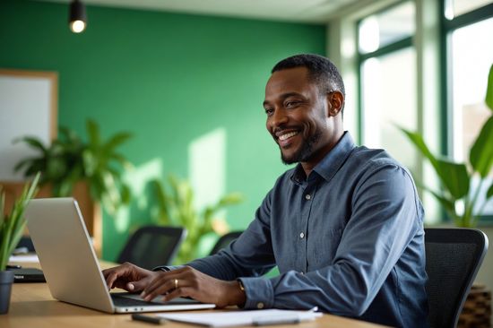 A man sits smiling in front of a computer.