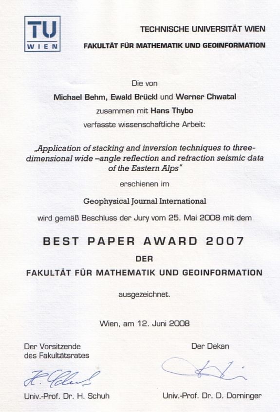 Urkunde von  Ewald Brückl, Michael Behm und Werner Chwatal