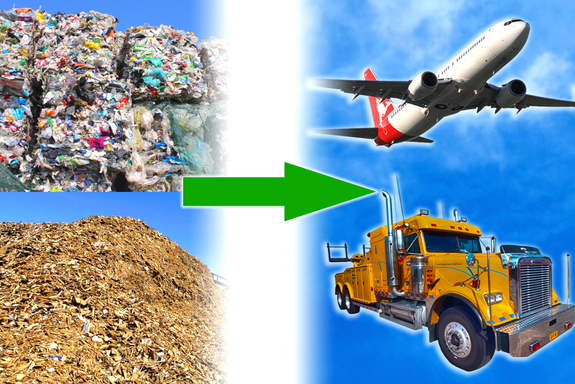 homogenous plastc- and woodwaste to flying palne and trucks