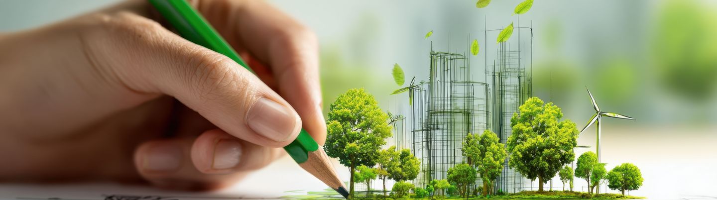 Eine Hand zeichnet eine nachhaltige Stadtentwicklung mit grünen Bäumen und Windkraftanlagen