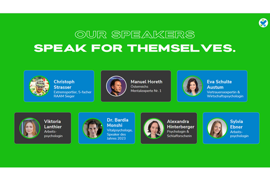 Grüner Hintergrund, sieben Porträtbilder mit Namen und Bezeichnungen.