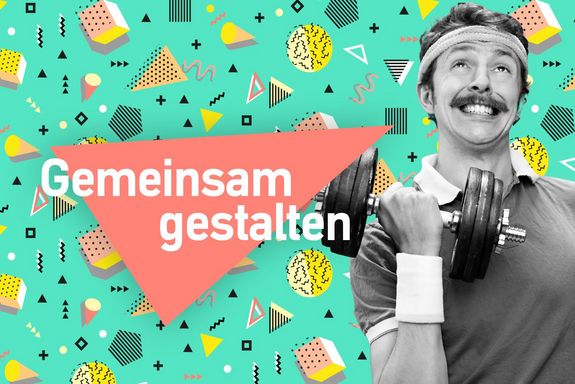 fuTUre fit Teaser, Hintergrund türkis mit bunten Elementen, links im Bild junger Mann im Sportdress mit Hantel