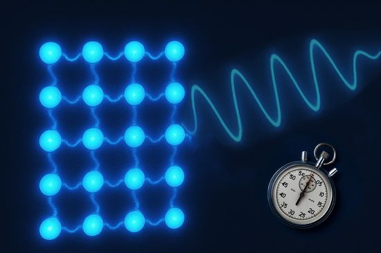 a lattice of particles, a wave emerging from it, and a symbolic stopwatch