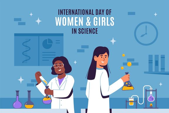 Bild mit in Blau gehaltenem Hintergrund mit zwei gezeichneten Frauen in einem Labor. Darüber steht "INTERNATIONAL DAY OF WOMEN & GIRLS IN SCIENCE"