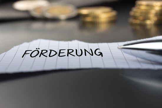 Papierstück mit Wort "Förderung im Vordergrund, rechts daneben Sitze eines Kugelschreibers, im Hintergrund unscharf Münzen aufgestapelt