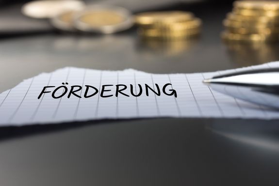 Papierstück mit Wort "Förderung im Vordergrund, rechts daneben Sitze eines Kugelschreibers, im Hintergrund unscharf Münzen aufgestapelt
