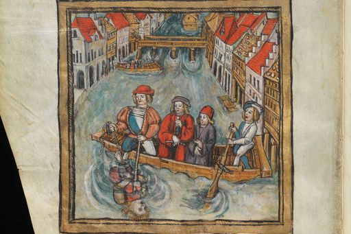 drawing of people in a boat in a flooded city