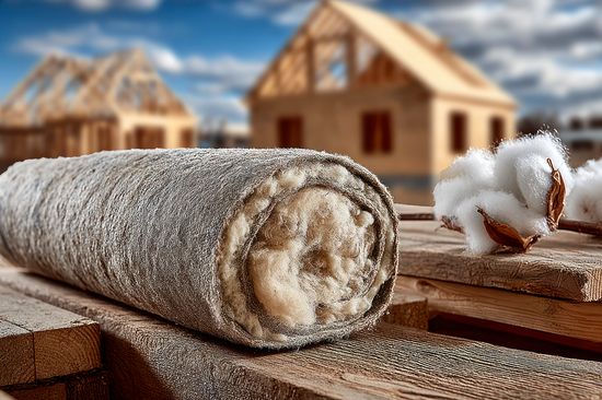 Rolled Insulation Material with Cotton Bolls on Wooden Planks Ideal for Construction and EcoF