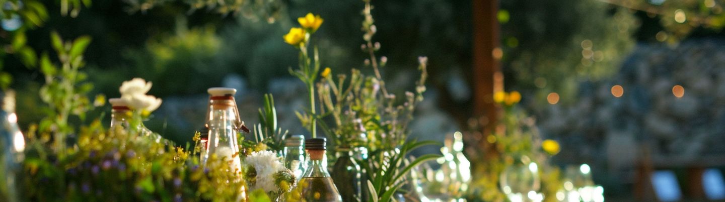 Table set with plants and dishes