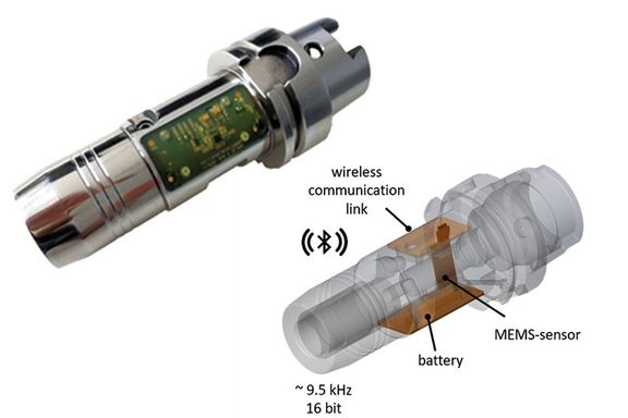 picture (r.) and illustration (l.) of a Sensorized Machining Tool Holder