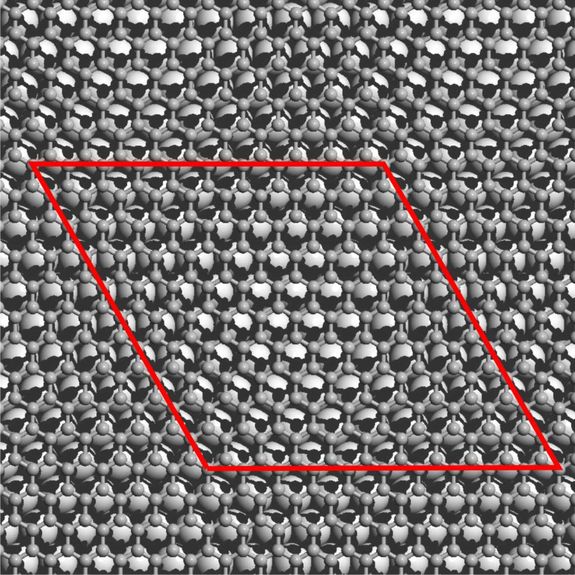 Die "Superzelle": Am oberen linken und am unteren rechten Eck passen Graphen-Waben und Iridium-Atome genau auf die selbe Weise zusammen. Viele derartige Rauten aneinandergefügt ergeben die Graphen-Iridium-Superstruktur.