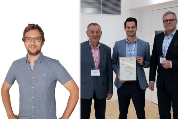 Zweigeteiltes Bild: Porträtbild Markus Hechers mit weißem Hintergrund, Dreierbild mit Martin Wilkovitsch (Mitte), der eine Urkunde hält.