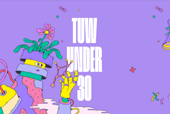 Text: TUW Under 30. Daneben ein künstlerisches Wesen mit Blumentopf als Kopf.