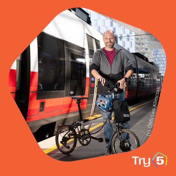 Foto eines Mannes mit einem Klapprad - vor einem Zug stehend.