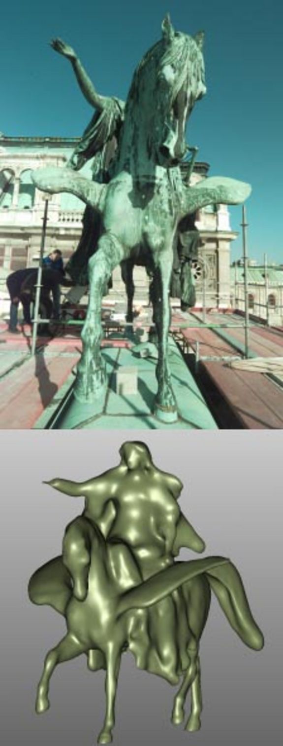 Abb. 4: Eine 4 x 4 x 3 Meter hohe Pegasus-Statue am Dach der Wiener Staatsoper (oben) und das erstellte 3D-Modell (unten).