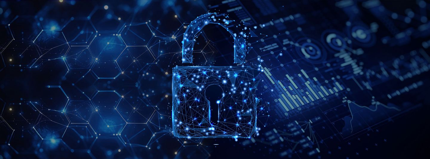 Some symbols for "Research" with a lock in the front for "Security"