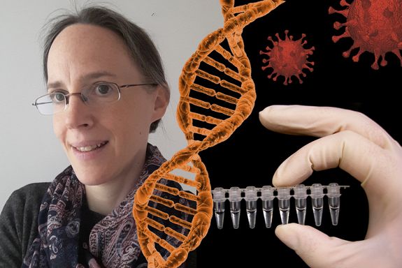 Collage: Portait Rita Linke links. Mittig eine Abbildung einer DNA-Doppelhelix und rechts Probenhalterung in einer Gummihandschuh-Hand. Im Hintergrund davon Coronaviren in starker Vergrößerung.