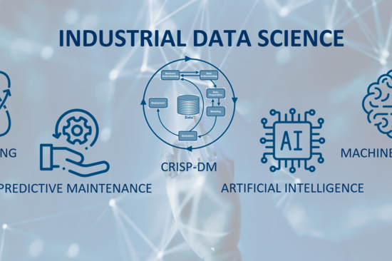 A visual representation of the 'Industrial Data Science' course, showcasing key elements such as Data Mining, Predictive Maintenance, CRISP-DM (Cross Industry Standard Process for Data Mining), Machine Learning, and Artificial Intelligence. The image includes logos of partnering organizations such as TU Wien, AHK, Porsche, and EIT Manufacturing, with icons representing each data science area in a sleek, digital design.