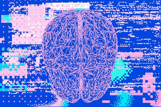 Illustration eines Gehirns in blau und rosa.