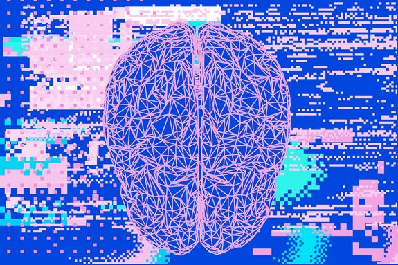 Illustration eines Gehirns in blau und rosa.