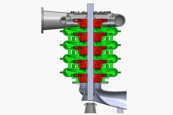 Modell – 5-stufige Pumpturbine Illustration des Schnittmodelles einer 5-stufigen Pumpturbine