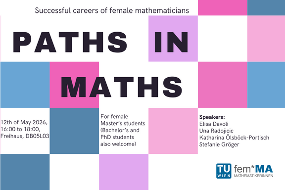 Flyer quer aus bunten Quadraten, darin Eckdaten zur Path in Math Veranstaltung
