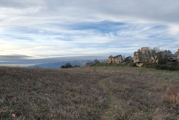 Wiese mit Ruinen