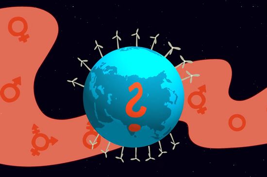 Grafik: Weltkugel mit Windrädern, rundherum Gendersymbole