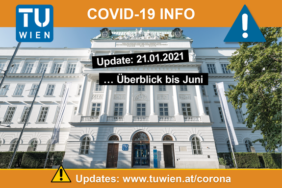 Foto des Haupgebäudes Karlsplatz mit Überschrift „Covid-19 Info“, dem Update-Datum und dem Update-Link: www.tuwien.at/corona
