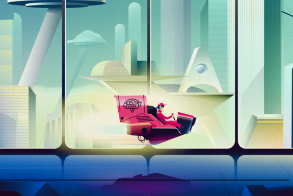 Science fiction, Stadt der Zukunft im Hintergrund, futuristisches Pizzamobil im Vordergrund