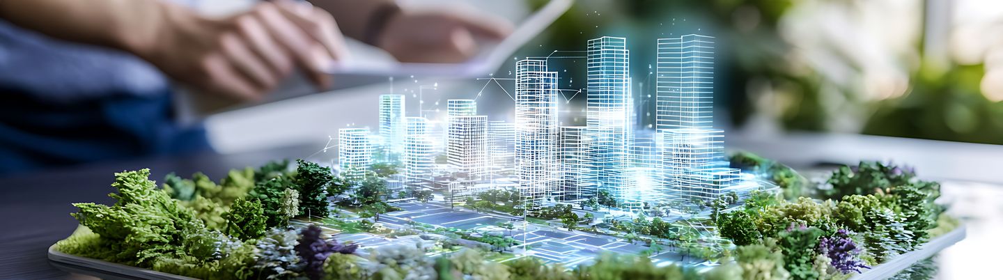 Architects collaborating on innovative city planning model urban environment digital visualization modern workspace teamwork concept