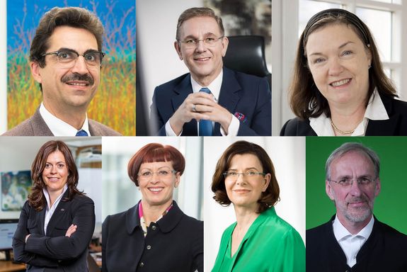 Collage Porträtbilder Unirat, 7 Personen; oben (von links): Martin Gerzabek, Vorsitzender Peter Oswald, Johanna Stachel; unten von links): Iris Filzwieser, Barabra Oberhauser, Andrea Reithmayer, Heribert Nacken