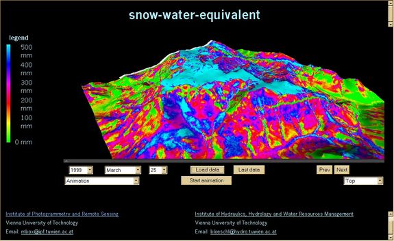 Visualisierung des Schnee-Wasser-Äquivalents vom 25. März 1999 mit Hilfe von VRML, hier in einem Standard-Internet-Browser mit CosmoPlayer-Plugin.