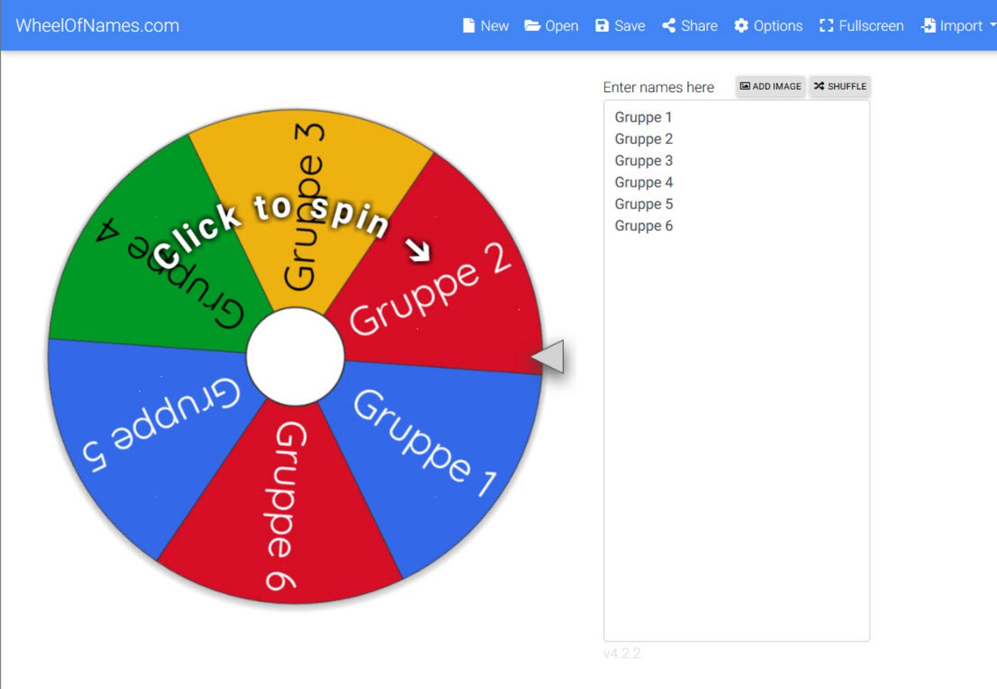 Screenshot des Tools WheelOfNames Screenshot eines Kreises mit sechs verschiedenfarbigen Unterteilungen mit unterschiedlichen Inhalten.