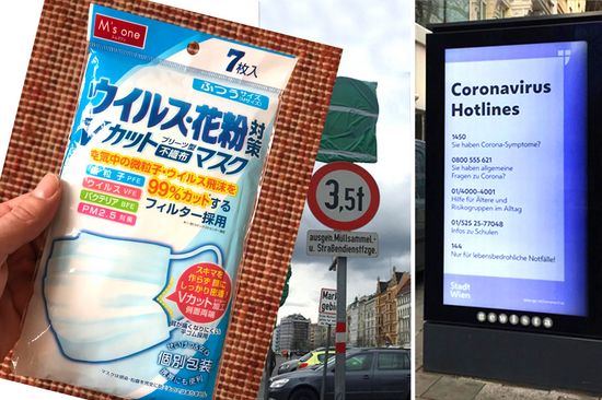 3 Bilder: Eine verpackte Schutzmaske mit asiatischer Schrift, verpackte Verkehrsschilder und einem City-Light mit Hinweis auf die Corona-Hotline.