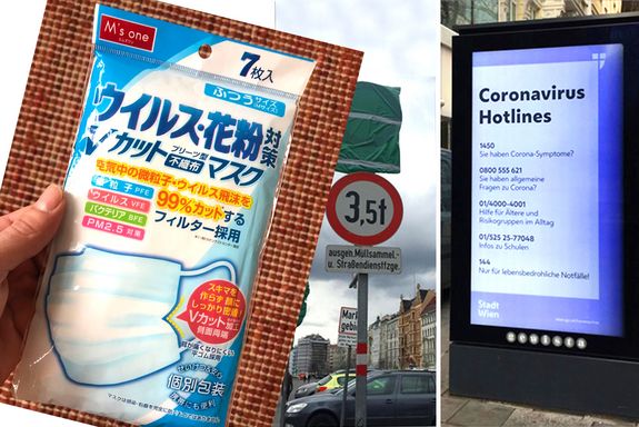 3 Bilder: Eine verpackte Schutzmaske mit asiatischer Schrift, verpackte Verkehrsschilder und einem City-Light mit Hinweis auf die Corona-Hotline.