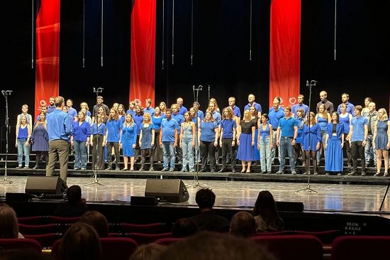 Der TU Wien Chor während des Wettbewerbsauftritts bei den European Choir Games 2025: Sänger_innen sind blau-schwarz gekleidet und stehen in gemischter Aufstellung auf der Bühne. Dahinter sieht man Rote Banner von der Decke hängen. Auf der Bühne stehen Mikrofone. Vor dem Chor steht der Chorleiter mit dem Rücken zum Publikum, das man im Vordergrund des Bildes erkennen kann.
