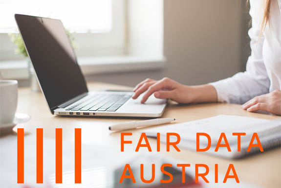 A photo showing a laptop on which a woman is working. At the bottom of the picture, the FAIR Data Austria logo is superimposed.
