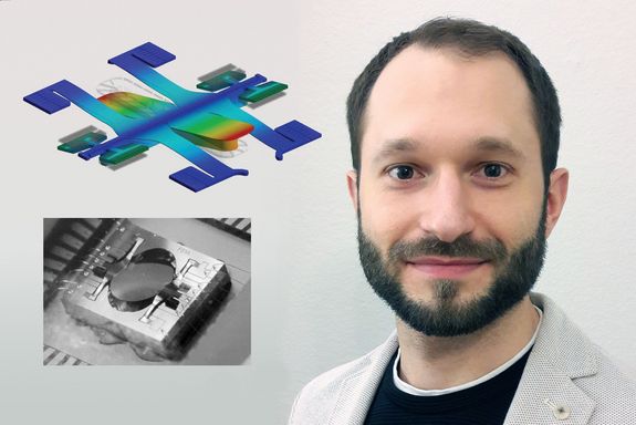 Fehrerpreisträger David Brunner, daneben MEMS-Spiegel, an denen er forschte.