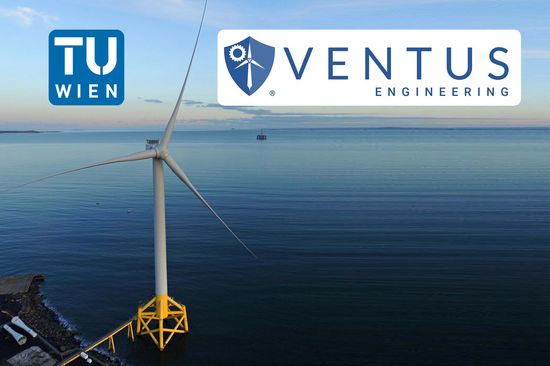 Ein Windrad an einem blauen Gewässer. Links oben das TU Wien Logo, rechts oben das Ventus-Logo.
